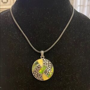 Lia Sophia Green Artisan Mosaic Black Rope Pendant Silver Tone Necklace